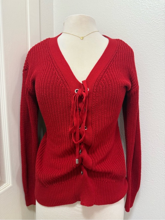 Sweaters - Guess Red Lace-Up V-Neck Pullover Sweater